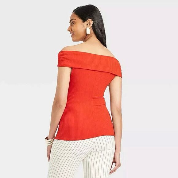 A New Day Red Ribbed Stretch Knit Short Sleeve Off the Shoulder Top Blouse XS - Picture 2 of 8